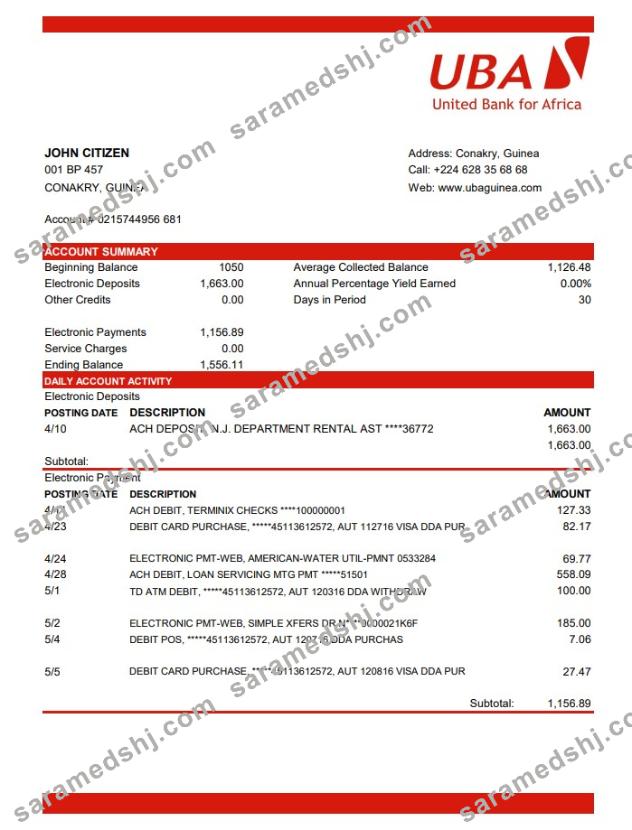 Guinea UBA Bank statement template in Excel and PDF format
